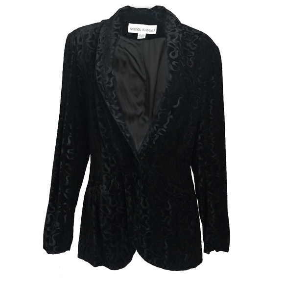 Norma Kamali Jacket Black Velvet Burnout Squiggles Tuxedo Collar Vintage 1980s - Picture 1 of 7